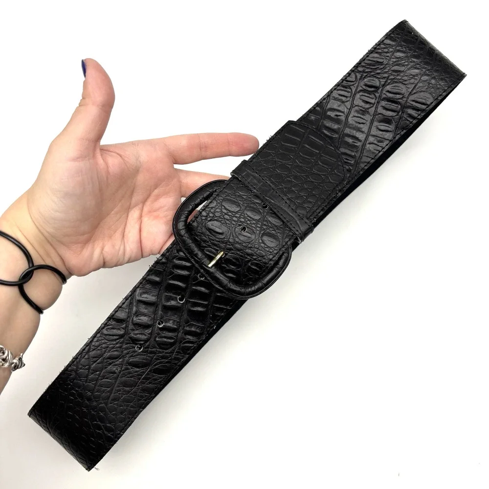 Vintage 80s 9732 Black Croc Embossed Genuine Leather Wide Waist Belt 30-35